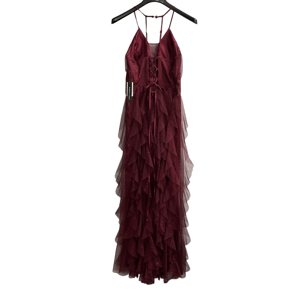 Radiante Couture Dress 13/14 Red‎ Layered Metallic Mesh Beaded Lace Up Back Prom